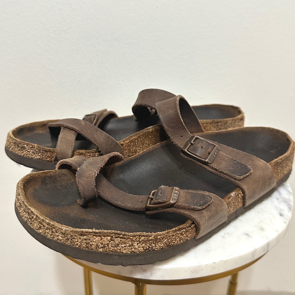 Birkenstock Mayari Sandals 40/9-9.5 Brown Leather Strappy Buckle Cork Slide Shoe